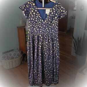 ModCloth Navy Blue Gold Metallic Polka Dot Midi Dress Women L